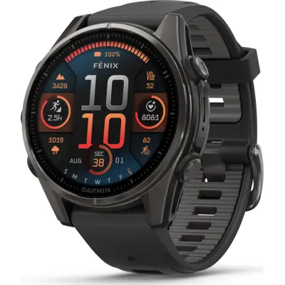 Garmin Fenix 8 Amoled 43mm, Sapphire Carbon Gray DLC Titanium - Black/Pebble Grey Silicone Strap