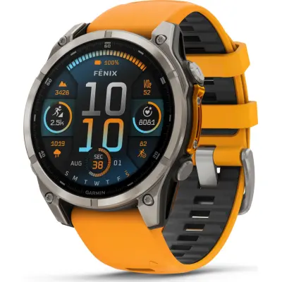 Garmin Fenix 8 Amoled 47mm, Sapphire Titanium - Spark Orange/Graphite Silicone Strap