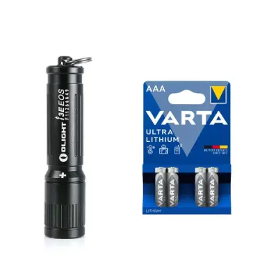 Nyckelringslampa OLIGHT i3E - 90 lm / 60 mm / 1 x AAA, Svart + 4 st Varta Ultra Lithium AAA-batterier