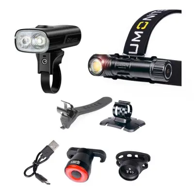 Cykellampspaket LUMONITE + OLIGHT, Framlampa + Hjälmlampa + Baklampa