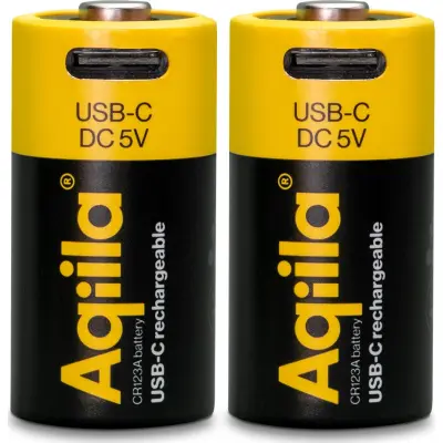 Aqiila USB-C Rechargeable CR123A Battery (3V / 750mAh) 2-pack Black