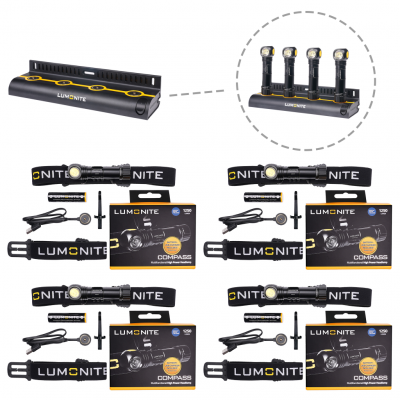 Pannlampa LUMONITE Compass - 1250 lm / Laddbar, 4 st Grundpaket + Laddningsstation