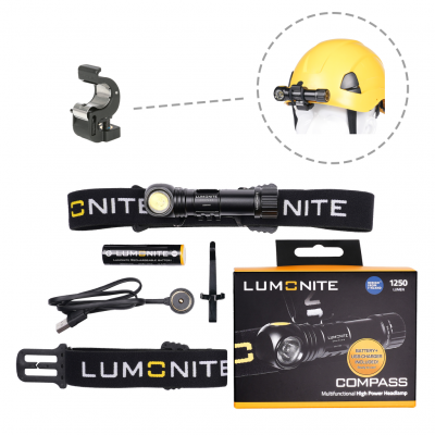 Pannlampa LUMONITE Compass - 1250 lm / Laddbar, Grundpaket + Skruvfäste för arbetshjälm