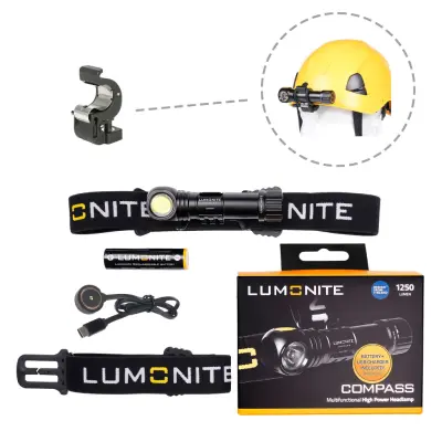 Pannlampa LUMONITE Compass - 1250 lm / Laddbar, Grundpaket + Skruvfäste för arbetshjälm