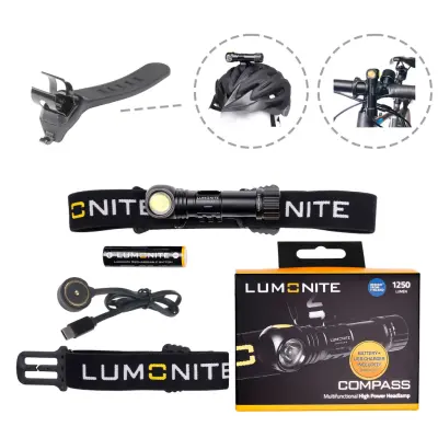 Pannlampa LUMONITE Compass - 1250 lm / Laddbar, Grundpaket + Cykelfäste