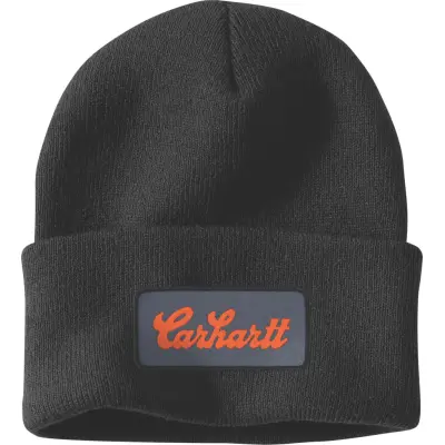 Carhartt Men's Knit Cuffed Script Patch Beanie Black