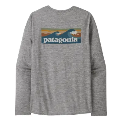 Patagonia M's L/S Cap Cool Daily Graphic Shirt - Waters Boardshort Logo Abalone Blue: Feather Grey