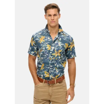 Hawaiian Print Shirt, Tropical Flowers Blue Washed, Xl,  Kortärmade Skjortor