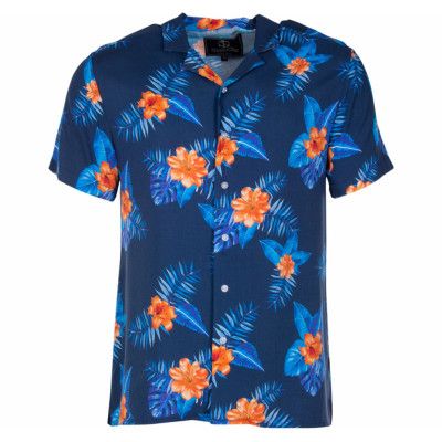 Honolulu Shirt, Navy Orange Flower, S,  Kortärmade Skjortor
