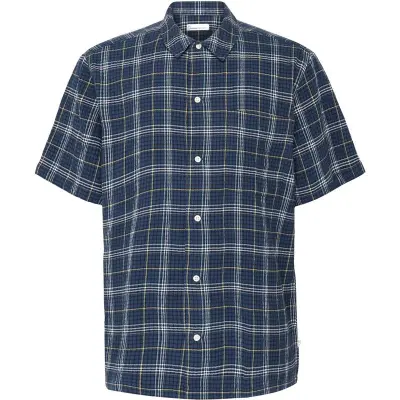KnowledgeCotton Apparel Box Fit Seersucker Short Sleeved Shirt Blue Check - S