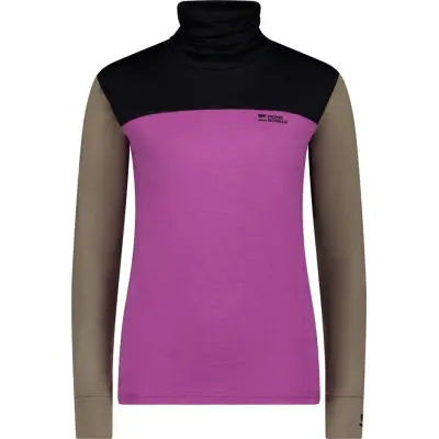 Mons Royale Women's Yotei Merino High Neck Long Sleeve Purple Bolt/Walnut/Black